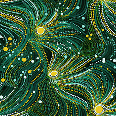 a Aboriginal Dot Painting, funky pattern of green and gold hues