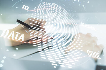 Aufkleber - Double exposure of abstract creative fingerprint hologram with hand writing in notepad on background with laptop, protection of personal information concept