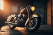 Cruiser motorcycle in the garrage morning sunlight ultra realistic cinematic photography detailedhyper realismhigh details8k cinematic high resolutionsymmetrically cinematographic color grading 