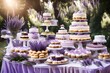 Dessert buffet table, food catering for wedding, party holiday celebration, lavender decor, cakes and desserts in a country garden