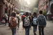 Students with backpacks walking towards school, Generative Ai