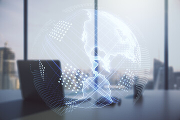 Poster - Digital America map and modern desktop with computer on background, international trading concept. Multiexposure