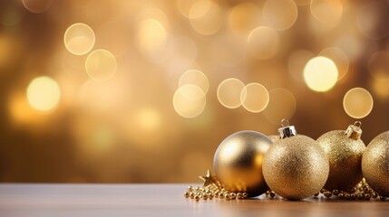 Golden christmas balls on tablepot on blurred bokeh lights background