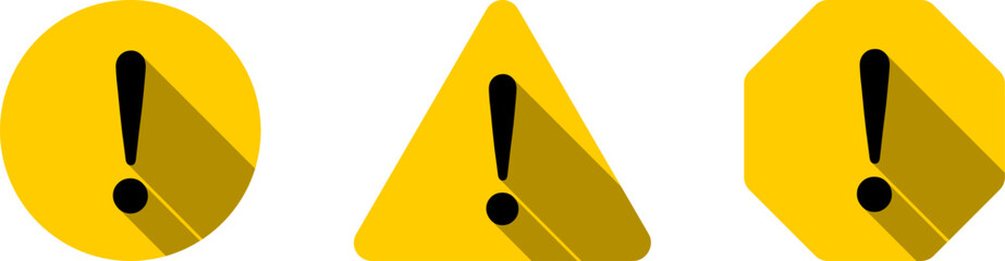 Poster - yellow black round circle octagonal and triangular warning or attention caution sign with exclamatio