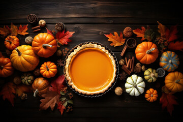 Autumn pumpkin pie, fall harvest, vegetables on white wooden background. View from above. Banner. Copy space.