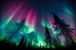 the sky is high with many stars many colorful auroras many tall trees below green purple blue background super realistic hyper detailed dramatic lighting 8k 