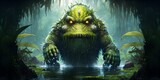 Fototapeta  - A hairy scary wet dark beast swamp humoid like creature and is located in a jungle swamp 3 beautiful jungle swamp setting swamp alien creature glisten creature sparkles around creature alien on lily 