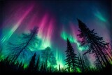 Fototapeta  - the sky is high with many stars many colorful auroras many tall trees below green purple blue background super realistic hyper detailed dramatic lighting 8k 