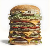 Fototapeta  - very very tall big mac with thirty patties thirty layers of meet on a white screen hyper realistic cinematic v5 