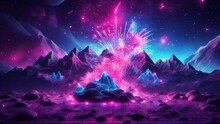Abstract Neon Background With Pink And Blue Fireworks Over A Cosmic Landscape Framed In UV Light Within A Virtual Reality Space That Includes Mountains Rocks And A Grid
