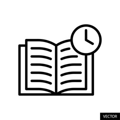 Fototapete - Open book and clock, study time, schedule, education concept vector icon in line style design for website, app, UI, isolated on white background. Editable stroke. Vector illustration.
