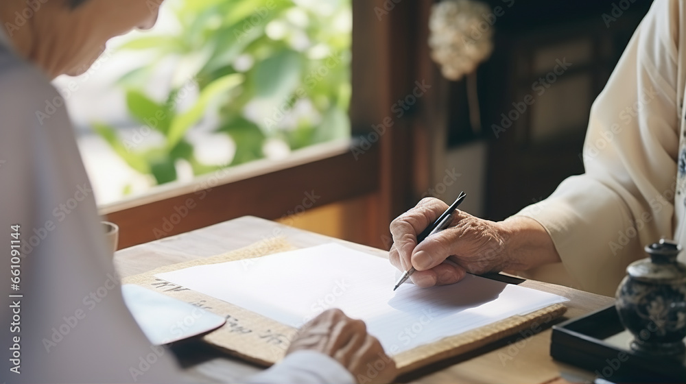 Letter Writing: An elderly person and a caregiver engage in letter writing