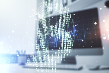 Poster - Double exposure of creative Bitcoin symbol and modern desktop with laptop on background. Cryptocurrency concept