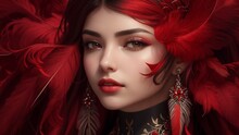An Image That Focuses On A Single Striking Red Feather Elegantly Adorning A Woman's Hair