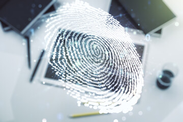 Poster - Abstract creative fingerprint concept and modern digital tablet on background, top view. Multiexposure