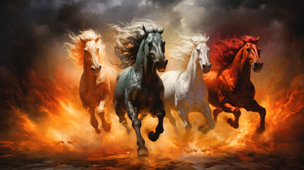 Wall Mural - The four horses of the Apocalypse Revelation white red black and yellow Bible Revelation Generative AI Illustration
