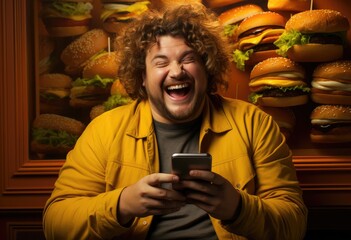 Fat man holding smartphone and taking selfie with hamburger