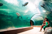 Smiling Mother And Daughter Sitting On Bench Near Aquarium Glass Wall With Group Of Large Carp Fish