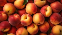 Fresh Ripe Peaches On The Market Counter. Close-up, Peaches Background