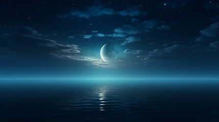 Dark starry night sky above calm ocean and fantastic big half moon shines at the mirror water surface. With no people simple natural background 3D illustration 