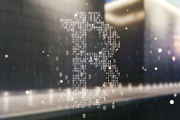 Poster - Double exposure of creative Bitcoin symbol hologram on contemporary business center exterior background. Mining and blockchain concept