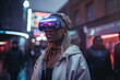 © ADDICTIVE STOCK - Generative AI image of serious black woman in vr glasses standing on street