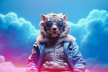 Generative AI Illustration Of Stylish Tiger In Trendy Sunglasses And Outfit Looking At Camera Against Blue Background
