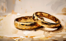 Generative AI Illustration Of Closeup Of Golden Wedding Rings Placed Blurred Background
