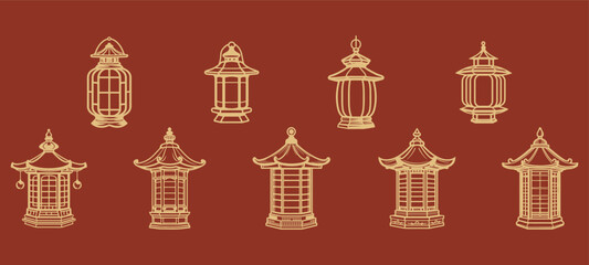 Wall Mural - set of line art of ancient chinese pagoda lantern. isolated on a background. eps 10