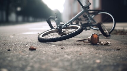 Road accident scene with destroyed bike. Bicycle crash on roadside illustration. Outdoor urban background with copy space.