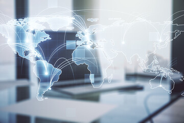 Poster - Abstract graphic digital world map with connections on modern computer background, globalization concept. Multiexposure