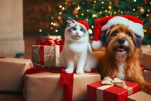 Christmas Dog And Cat With Gift Ki Generated