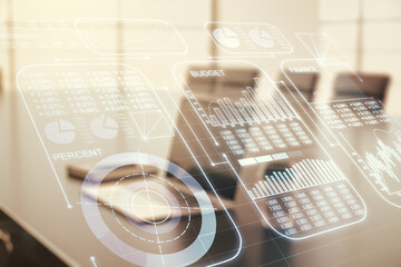 Aufkleber - Abstract creative stats data concept on modern laptop background. Multiexposure