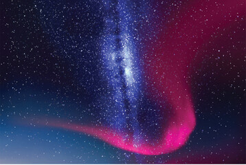 Poster - blue starry sky. milky way and polar lights. purple aurora borealis