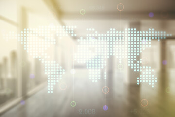 Aufkleber - Multi exposure of abstract creative digital world map hologram on empty modern office background, research and analytics concept