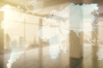 Poster - Abstract creative world map interface on empty corporate office background, international trading concept. Multiexposure