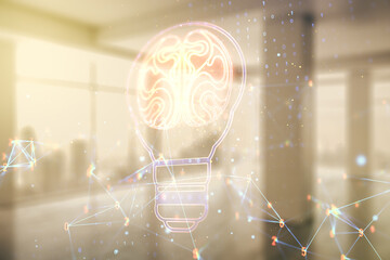 Poster - Abstract virtual creative light bulb with human brain hologram on empty classroom background, artificial Intelligence and neural networks concept. Multiexposure