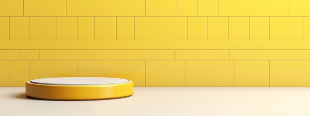 Wall Mural - Kitchen background podium product display wall table empty 3d pedestal platform. Podium stand studio tile wood room background food kitchen wooden yellow light scene abstract floor stage modern base.