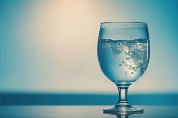 A glass of pure cool water on a light blue background close-up 