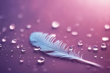 Fototapete - Glistening Elegance - A Soft, Fluffy White Feather Adorned with Delicate Dewdrops on Purple Background