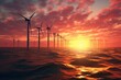 Wind turbines in the sea at sunset, promoting sustainable electricity. Generative AI