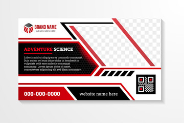 Poster - adventure science horizontal banner design template. Editable modern banner with white background color. combination red and black elements. diagonal space for photo. Usable for banner, cover, header
