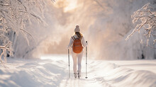 Winter Wonder, Young Woman Gliding Through Snowy Trails On Cross Country Skis