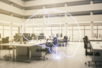 Aufkleber - Double exposure of creative artificial Intelligence interface on modern corporate office background. Neural networks and machine learning concept