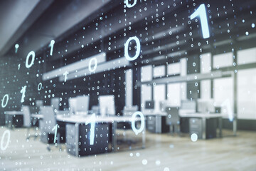 Aufkleber - Double exposure of abstract virtual binary code hologram on modern corporate office background. Database and programming concept