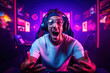 Emotional game streamer in headphones shocked by a new online game experience, excitedly shouts. Gamer surprised by new technology in the game industry.