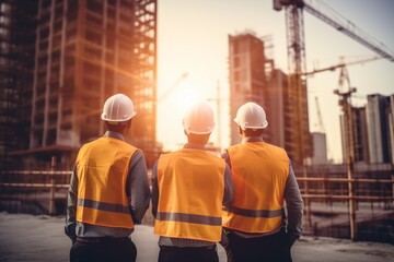 two man construction engineers supervising progress of construction project at construction site