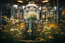 Generative AI, Essential Oil Extraction With Distillery Machine With Chamomile Flowers	