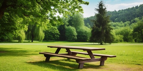 Empty wooden picnic table on a green meadow with trees on back with shadows in a open park space, idea of outdoor picnic, hiking, with copy space.