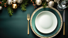 Modern Holiday Table Setting, White Empty Plates, Glass Glitter Ball Decorations, Green Table, Winter Holidays, Mockup